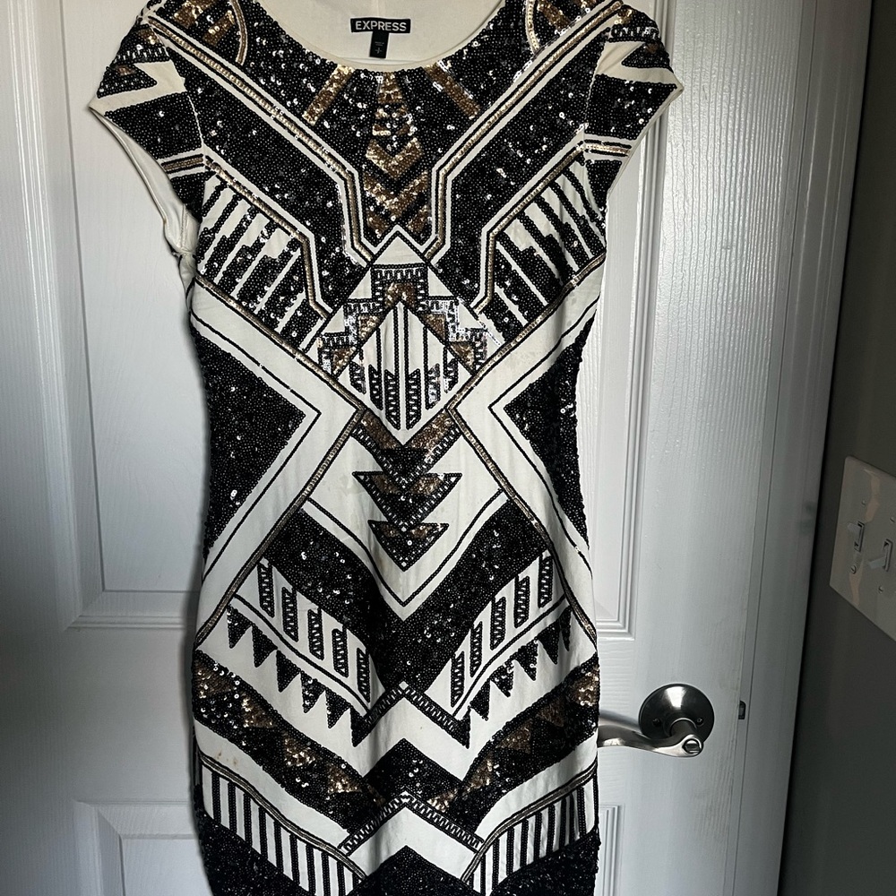 Express Black and White Geometric Sequin Mini Dress